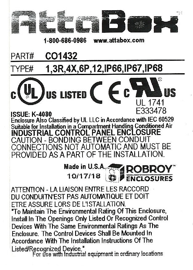 AttaBox Commander series pushbutton enclosure, blank cover, NEMA 1/3R/4X/6P/12, 14 x 3 x 2in (HxWxD), wall mount, fiberglass reinforced polyester, gray, crowned screw cover.-CO1432