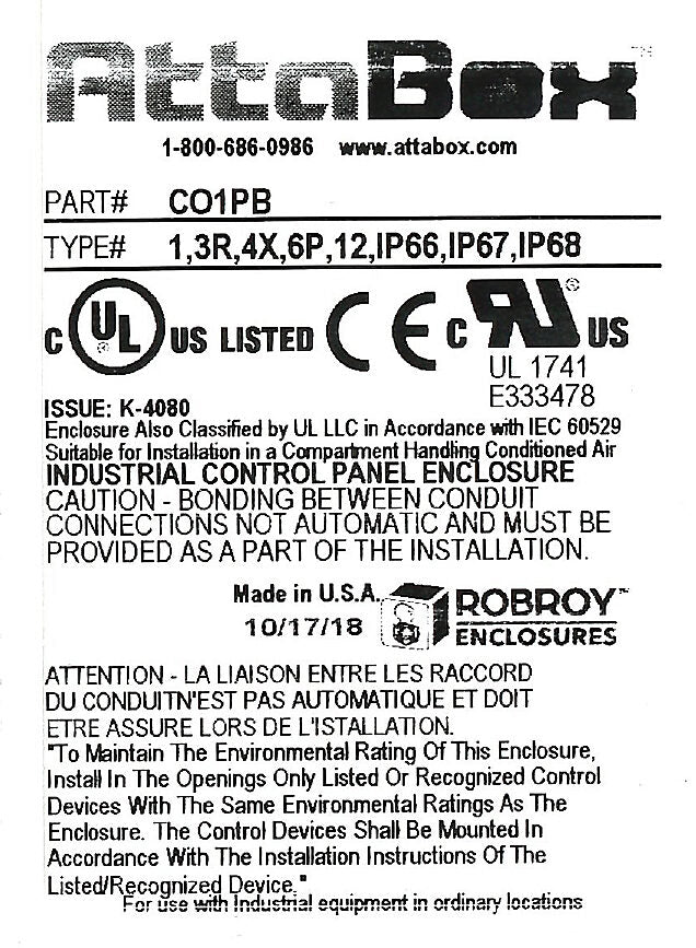 AttaBox Commander series pushbutton enclosure, 1 hole, 30mm, NEMA 1/3R/4X/6P/12, 6 x 4 x 4in (HxWxD), wall mount, fiberglass reinforced polyester, gray, screw cover.-CO1PB