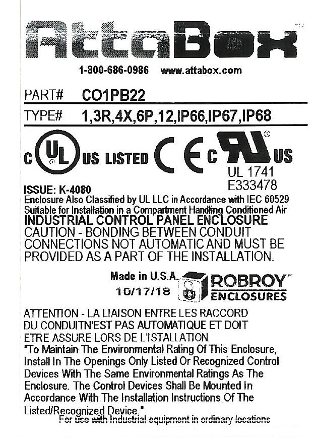 AttaBox Commander series pushbutton enclosure, 1 hole, 22mm, NEMA 1/3R/4X/6P/12, 6 x 4 x 4in (HxWxD), wall mount, fiberglass reinforced polyester, gray, screw cover.-CO1PB22