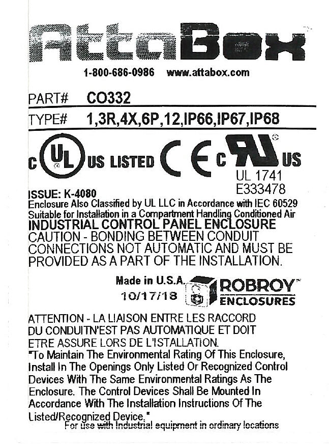 AttaBox Commander series pushbutton enclosure, blank cover, NEMA 1/3R/4X/6P/12, 3 x 3 x 2in (HxWxD), wall mount, fiberglass reinforced polyester, gray, screw cover.-CO332