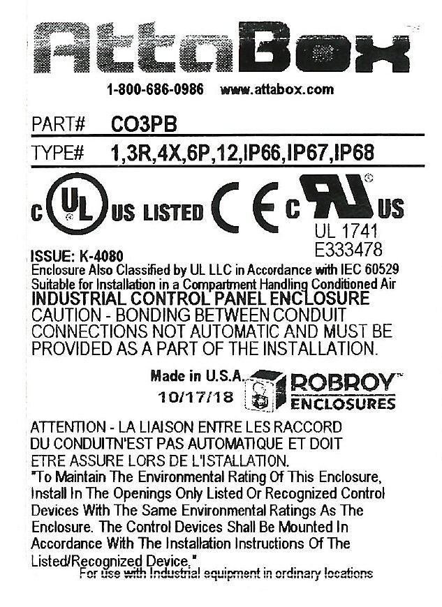 AttaBox Commander series pushbutton enclosure, 3 holes, 30mm, NEMA 1/3R/4X/6P/12, 8 x 4 x 4in (HxWxD), wall mount, fiberglass reinforced polyester, gray, screw cover.-CO3PB