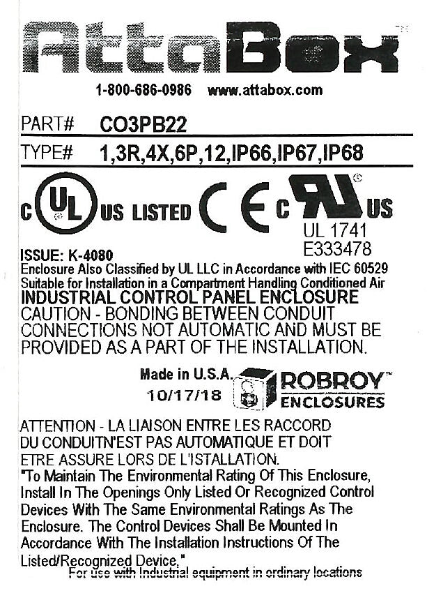 AttaBox Commander series pushbutton enclosure, 3 holes, 22mm, NEMA 1/3R/4X/6P/12, 6 x 4 x 4in (HxWxD), wall mount, fiberglass reinforced polyester, gray, screw cover.-CO3PB22