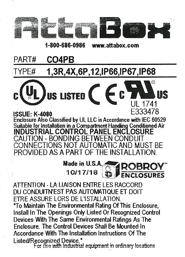 AttaBox Commander series pushbutton enclosure, 4 holes, 30mm, NEMA 1/3R/4X/6P/12, 11 x 4 x 4in (HxWxD), wall mount, fiberglass reinforced polyester, gray, screw cover.-CO4PB