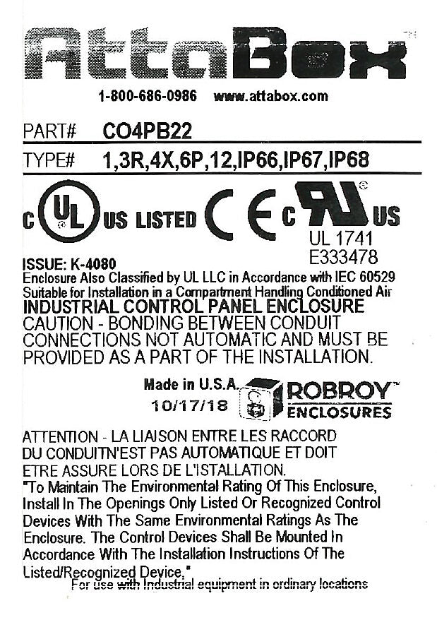 AttaBox Commander series pushbutton enclosure, 4 holes, 22mm, NEMA 1/3R/4X/6P/12, 8 x 4 x 4in (HxWxD), wall mount, fiberglass reinforced polyester, gray, screw cover.-CO4PB22