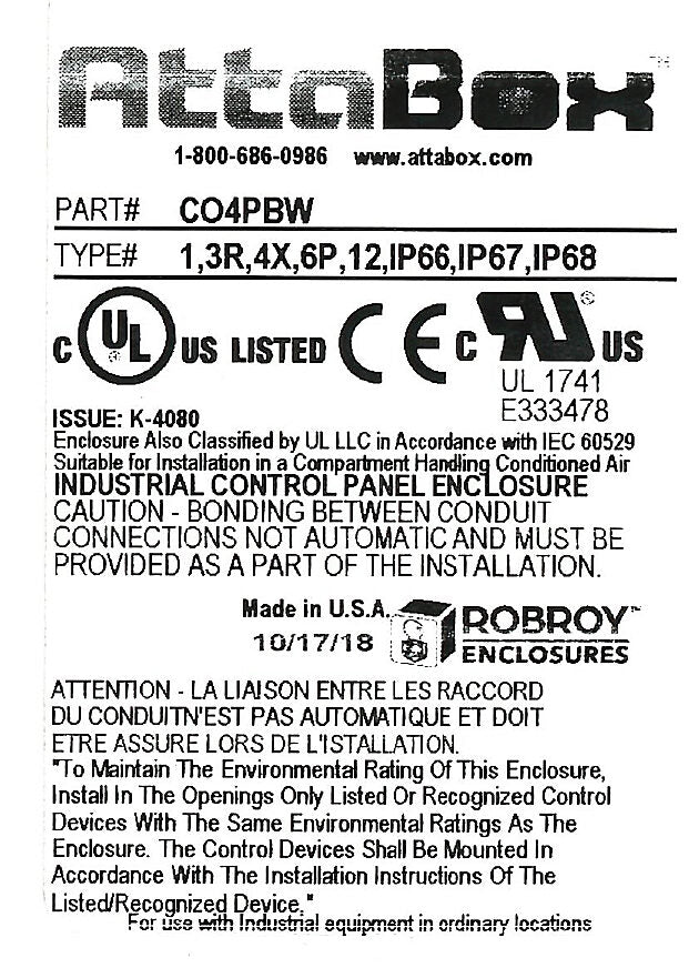 AttaBox Commander series pushbutton enclosure, 4 holes, 30mm, NEMA 1/3R/4X/6P/12, 7 x 7 x 4in (HxWxD), wall mount, fiberglass reinforced polyester, gray, screw cover.-CO4PBW