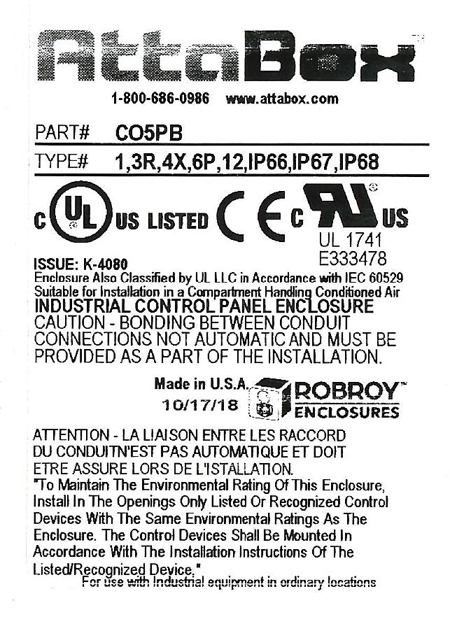AttaBox Commander series pushbutton enclosure, 5 holes, 30mm, NEMA 1/3R/4X/6P/12, 14 x 3 x 2in (HxWxD), wall mount, fiberglass reinforced polyester, gray, screw cover.-CO5PB