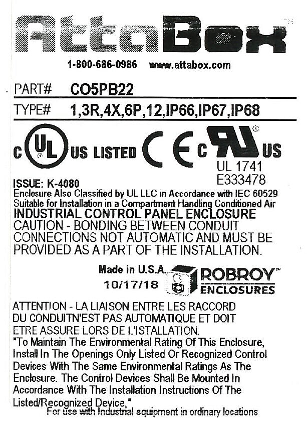 AttaBox Commander series pushbutton enclosure, 5 holes, 22mm, NEMA 1/3R/4X/6P/12, 11 x 4 x 4in (HxWxD), wall mount, fiberglass reinforced polyester, gray, screw cover.-CO5PB22