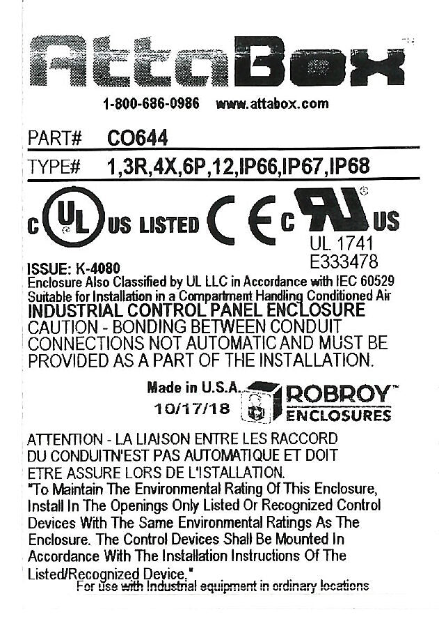 AttaBox Commander series pushbutton enclosure, blank cover, NEMA 1/3R/4X/6P/12, 6 x 4 x 4in (HxWxD), wall mount, fiberglass reinforced polyester, gray, crowned screw cover.-CO644