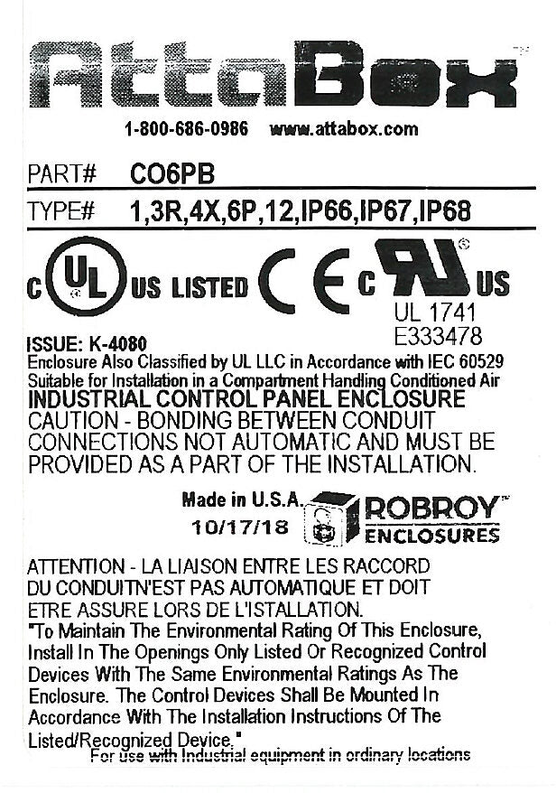 AttaBox Commander series pushbutton enclosure, 6 holes, 30mm, NEMA 1/3R/4X/6P/12, 17 x 3 x 2in (HxWxD), wall mount, fiberglass reinforced polyester, gray, screw cover.-CO6PB