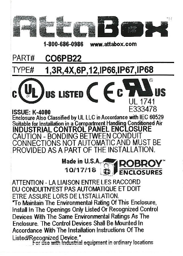 AttaBox Commander series pushbutton enclosure, 6 holes, 22mm, NEMA 1/3R/4X/6P/12, 11 x 4 x 4in (HxWxD), wall mount, fiberglass reinforced polyester, gray, screw cover.-CO6PB22