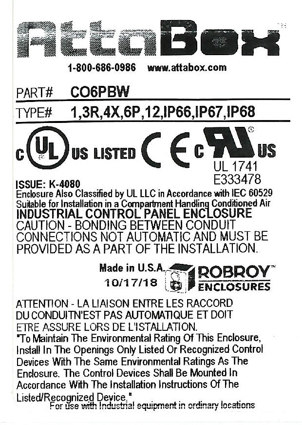 AttaBox Commander series pushbutton enclosure, 6 holes, 30mm, NEMA 1/3R/4X/6P/12, 9 x 7 x 4in (HxWxD), wall mount, fiberglass reinforced polyester, gray, screw cover.-CO6PBW