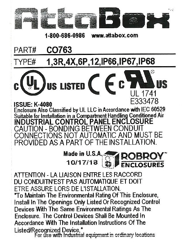 AttaBox Commander series pushbutton enclosure, blank cover, NEMA 1/3R/4X/6P/12, 7 x 6 x 3in (HxWxD), wall mount, fiberglass reinforced polyester, gray, screw cover.-CO763