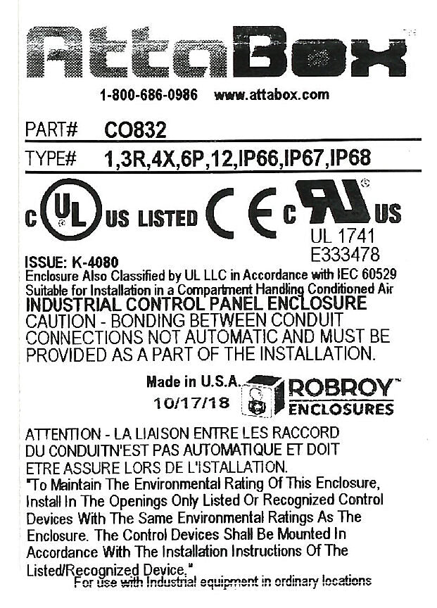 AttaBox Commander series pushbutton enclosure, blank cover, NEMA 1/3R/4X/6P/12, 8 x 3 x 2in (HxWxD), wall mount, fiberglass reinforced polyester, gray, crowned screw cover.-CO832