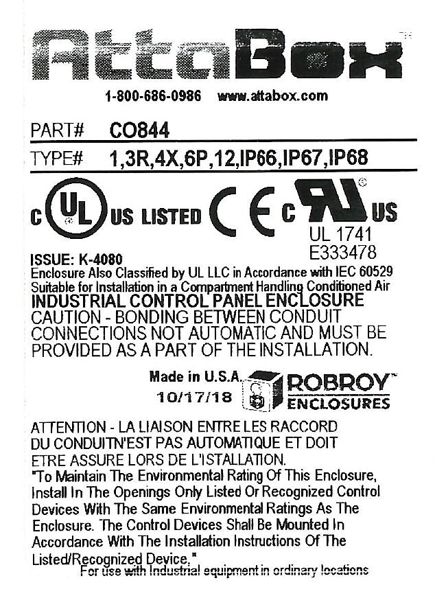 AttaBox Commander series pushbutton enclosure, blank cover, NEMA 1/3R/4X/6P/12, 8 x 4 x 4in (HxWxD), wall mount, fiberglass reinforced polyester, gray, crowned screw cover.-CO844