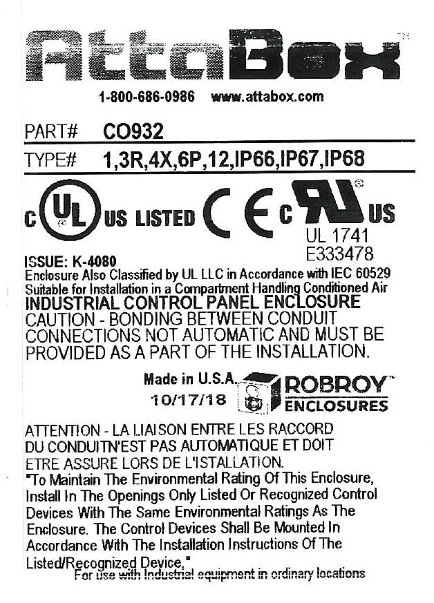 AttaBox Commander series pushbutton enclosure, blank cover, NEMA 1/3R/4X/6P/12, 9 x 3 x 2in (HxWxD), wall mount, fiberglass reinforced polyester, gray, crowned screw cover.-CO932