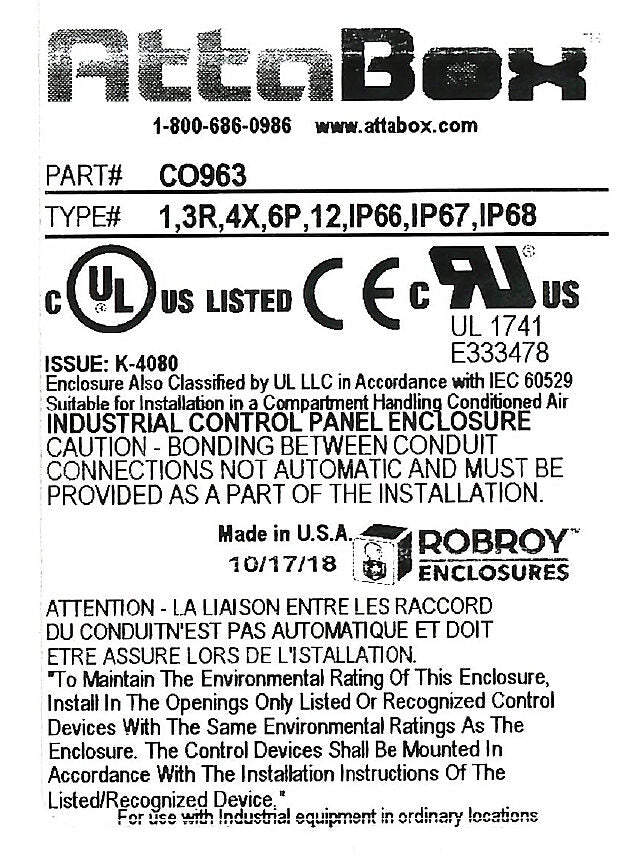 AttaBox Commander series pushbutton enclosure, blank cover, NEMA 1/3R/4X/6P/12, 9 x 6 x 3in (HxWxD), wall mount, fiberglass reinforced polyester, gray, screw cover.-CO963