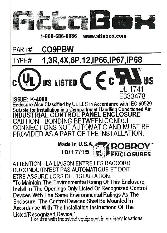 AttaBox Commander series pushbutton enclosure, 9 holes, 30mm, NEMA 1/3R/4X/6P/12, 11 x 9 x 4in (HxWxD), wall mount, fiberglass reinforced polyester, gray, screw cover.-CO9PBW