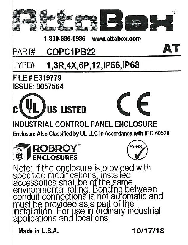 AttaBox Commander series pushbutton enclosure, 1 hole, 22mm, NEMA 1/3R/4X/6P/12, 4 x 3 x 2in (HxWxD), wall mount, polycarbonate, light gray, gloss finish, screw cover.-COPC1PB22