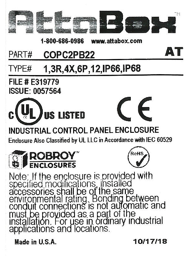 AttaBox Commander series pushbutton enclosure, 2 holes, 22mm, NEMA 1/3R/4X/6P/12, 5 x 3 x 3in (HxWxD), wall mount, polycarbonate, light gray, gloss finish, screw cover.-COPC2PB22