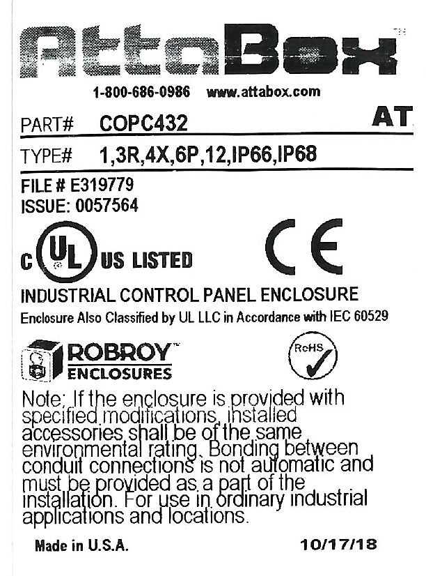 AttaBox Commander series pushbutton enclosure, blank cover, NEMA 1/3R/4X/6P/12, 4 x 3 x 2in (HxWxD), wall mount, polycarbonate, light gray, gloss finish, screw cover.-COPC432