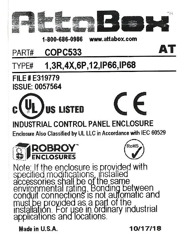 AttaBox Commander series pushbutton enclosure, blank cover, NEMA 1/3R/4X/6P/12, 5 x 3 x 3in (HxWxD), wall mount, polycarbonate, light gray, gloss finish, screw cover.-COPC533