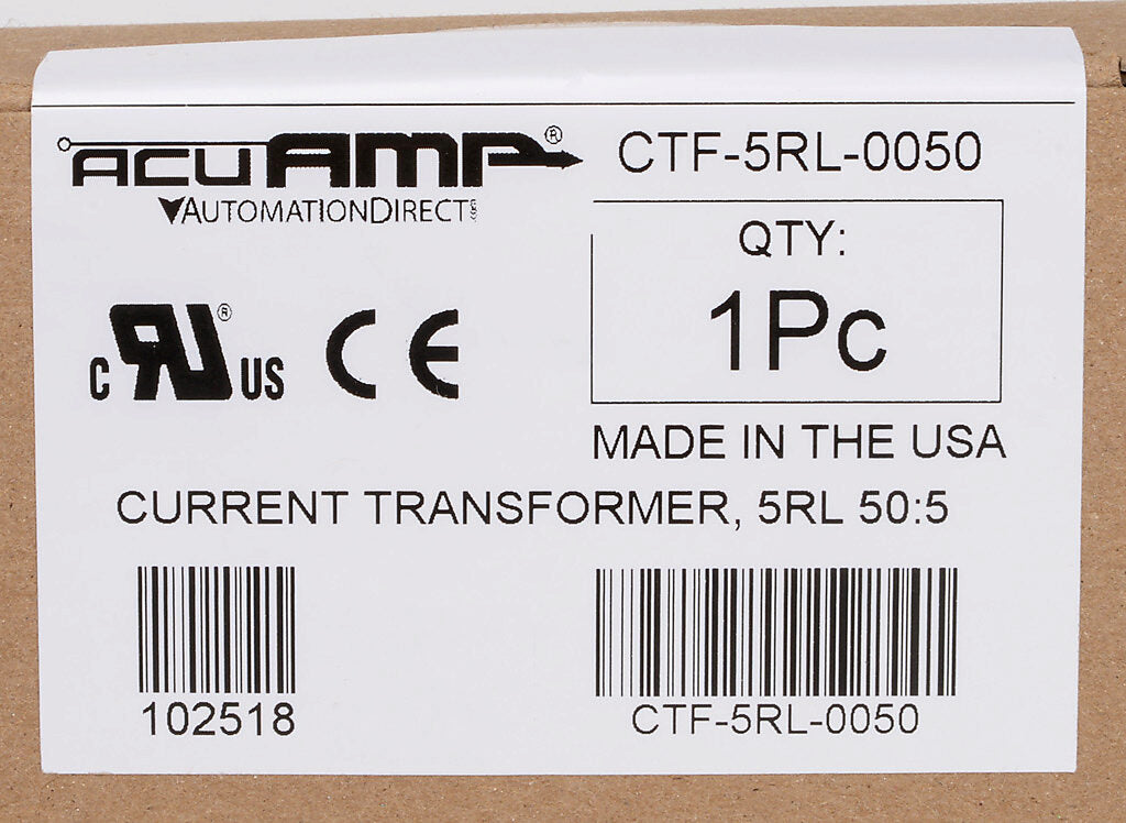 AcuAMP AC current transformer, solid core, 50A primary, 5A secondary, 1.56in diameter sensing window, 2% accuracy, (2) 24in 16AWG lead wires.-CTF-5RL-0050
