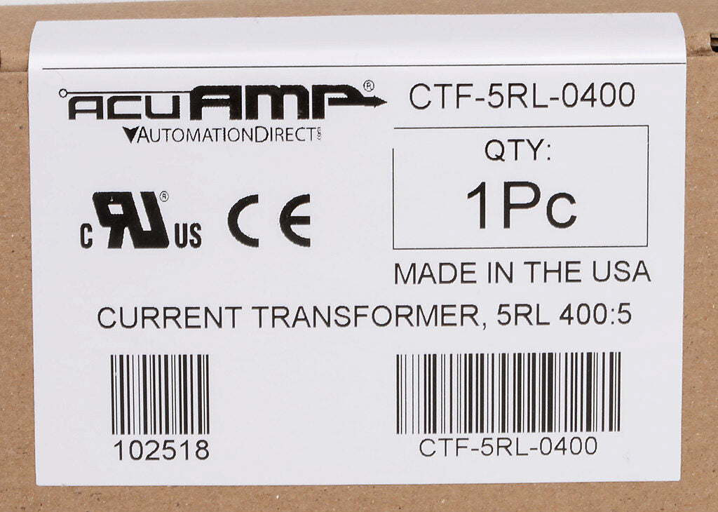 AcuAMP AC current transformer, solid core, 400A primary, 5A secondary, 1.56in diameter sensing window, 1% accuracy, (2) 24in 16AWG lead wires.-CTF-5RL-0400
