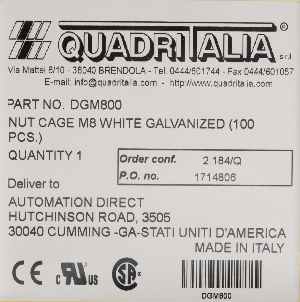 Quadritalia cage nut, M8. Package of 100.-DGM800