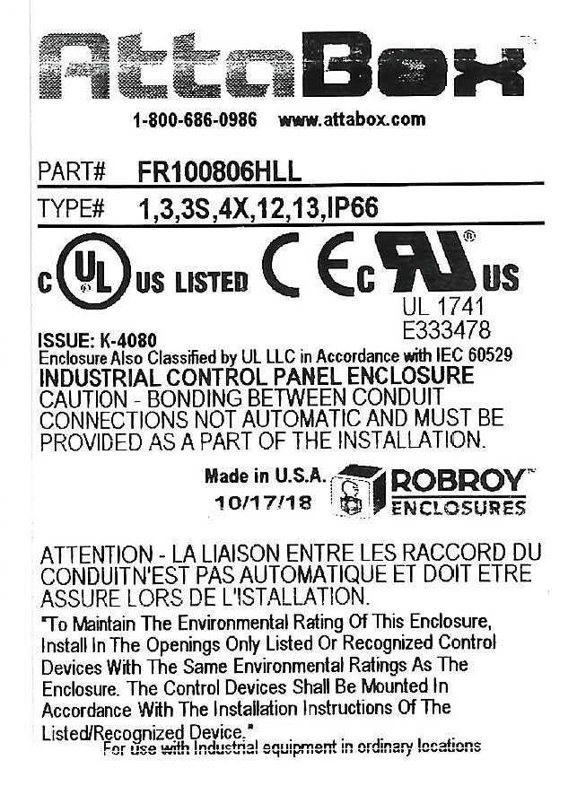 AttaBox Freedom series enclosure, NEMA 1/3/3S/4X/12/13, 10 x 8 x 6in (HxWxD), wall mount, fiberglass reinforced polyester, gray, crowned single-door, (2) twist-lock latches, padlock hasp and staple.-FR100806HLL