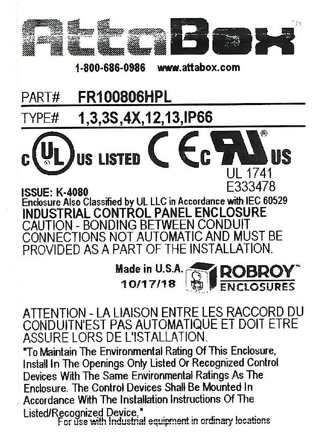 AttaBox Freedom series enclosure, NEMA 1/3/3S/4X/12/13, 10 x 8 x 6in (HxWxD), wall mount, fiberglass reinforced polyester, gray, crowned single-door, (2) quick-release latches, padlock hasp and staple.-FR100806HPL