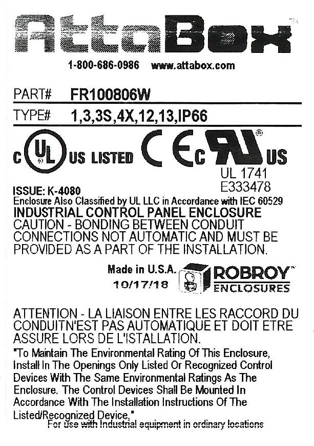 AttaBox Freedom series enclosure, NEMA 1/3/3S/4X/12/13, 10 x 8 x 6in (HxWxD), wall mount, fiberglass reinforced polyester, gray, crowned screw cover.-FR100806W