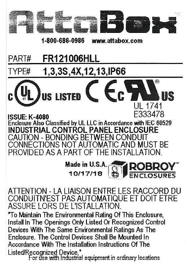 AttaBox Freedom series enclosure, NEMA 1/3/3S/4X/12/13, 12 x 10 x 6in (HxWxD), wall mount, fiberglass reinforced polyester, gray, crowned single-door, (2) twist-lock latches, padlock hasp and staple.-FR121006HLL