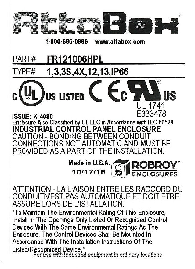 AttaBox Freedom series enclosure, NEMA 1/3/3S/4X/12/13, 12 x 10 x 6in (HxWxD), wall mount, fiberglass reinforced polyester, gray, crowned single-door, (2) quick-release latches, padlock hasp and staple.-FR121006HPL