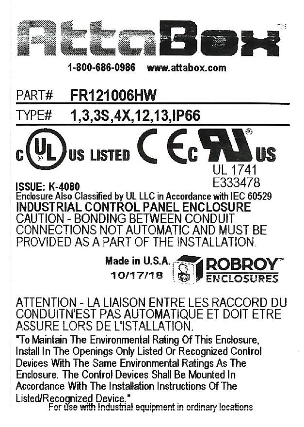 AttaBox Freedom series enclosure, NEMA 1/3/3S/4X/12/13, 12 x 10 x 6in (HxWxD), wall mount, fiberglass reinforced polyester, gray, crowned hinged screw cover.-FR121006HW