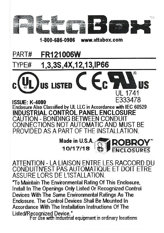 AttaBox Freedom series enclosure, NEMA 1/3/3S/4X/12/13, 12 x 10 x 6in (HxWxD), wall mount, fiberglass reinforced polyester, gray, crowned screw cover.-FR121006W