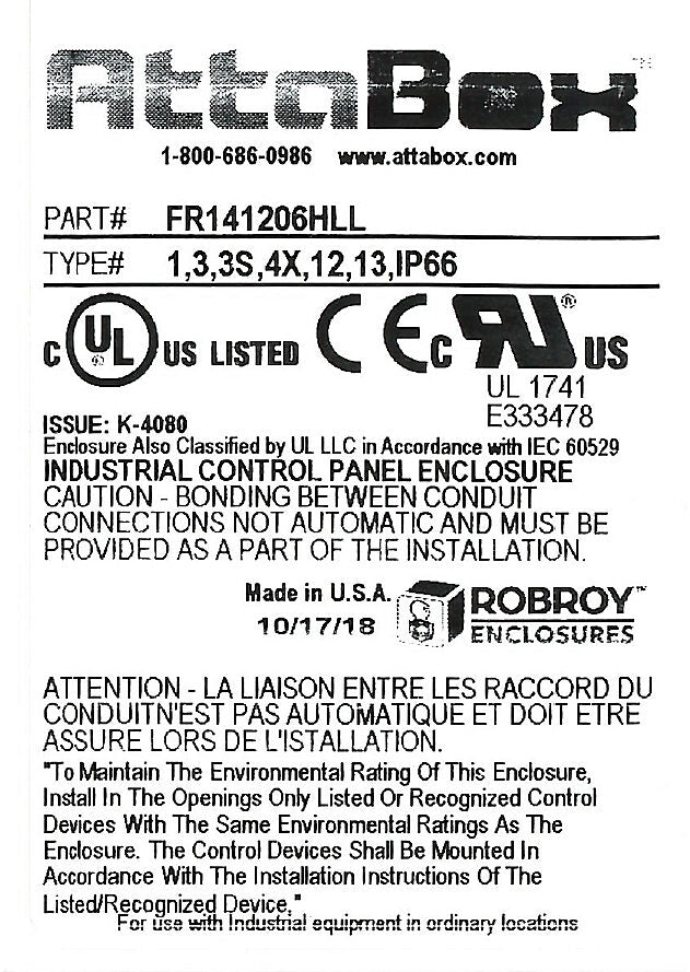 AttaBox Freedom series enclosure, NEMA 1/3/3S/4X/12/13, 14 x 12 x 6in (HxWxD), wall mount, fiberglass reinforced polyester, gray, crowned single-door, (2) twist-lock latches, padlock hasp and staple.-FR141206HLL