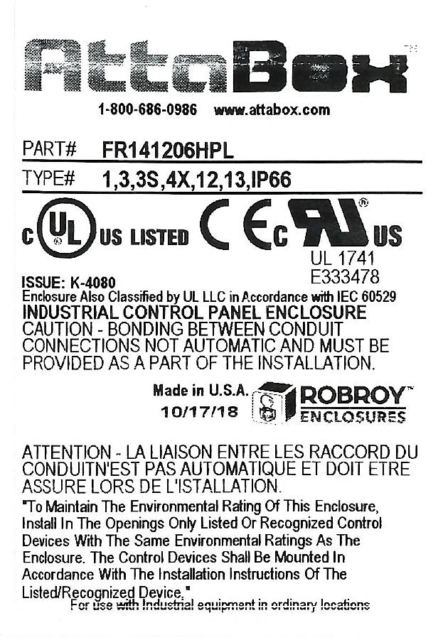 AttaBox Freedom series enclosure, NEMA 1/3/3S/4X/12/13, 14 x 12 x 6in (HxWxD), wall mount, fiberglass reinforced polyester, gray, crowned single-door, (2) quick-release latches, padlock hasp and staple.-FR141206HPL