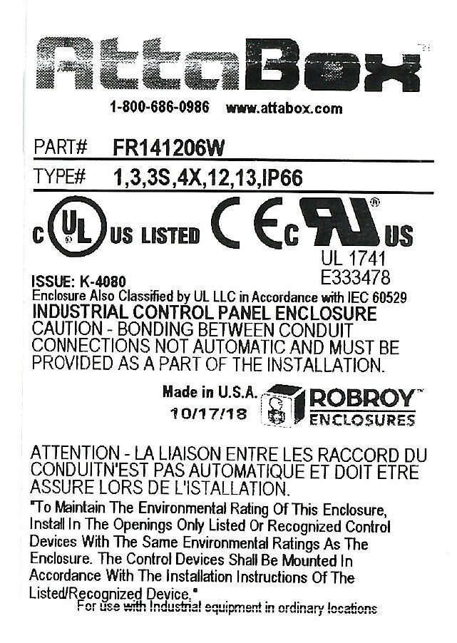 AttaBox Freedom series enclosure, NEMA 1/3/3S/4X/12/13, 14 x 12 x 6in (HxWxD), wall mount, fiberglass reinforced polyester, gray, crowned screw cover.-FR141206W