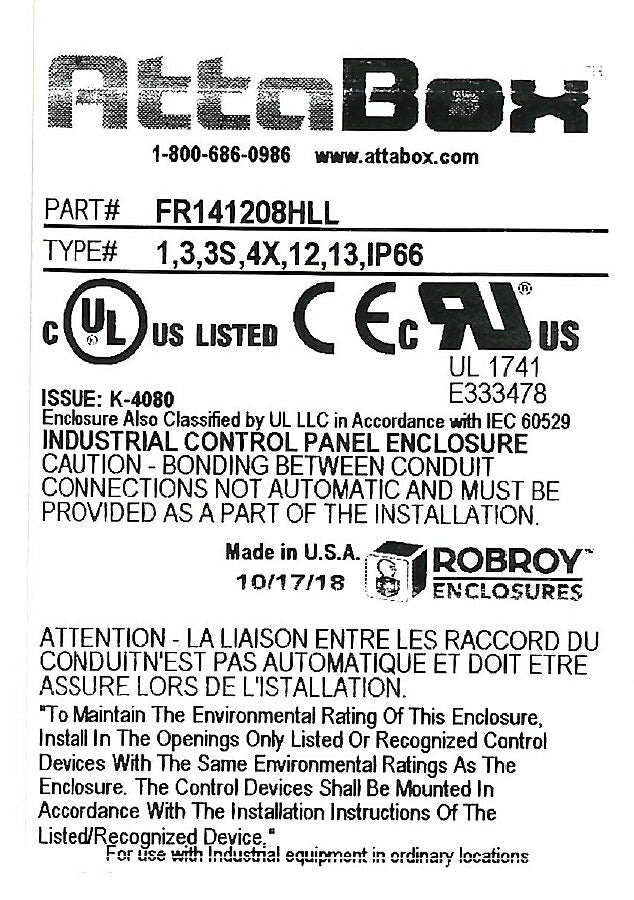 AttaBox Freedom series enclosure, NEMA 1/3/3S/4X/12/13, 14 x 12 x 8in (HxWxD), wall mount, fiberglass reinforced polyester, gray, crowned single-door, (2) twist-lock latches, padlock hasp and staple.-FR141208HLL