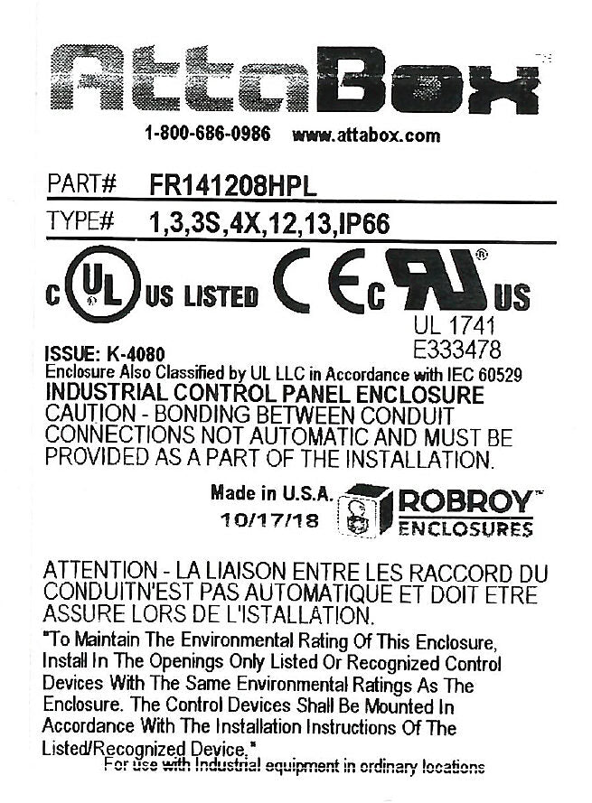 AttaBox Freedom series enclosure, NEMA 1/3/3S/4X/12/13, 14 x 12 x 8in (HxWxD), wall mount, fiberglass reinforced polyester, gray, crowned single-door, (2) quick-release latches, padlock hasp and staple.-FR141208HPL
