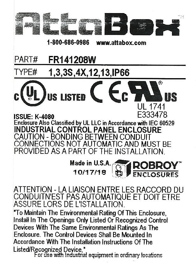 AttaBox Freedom series enclosure, NEMA 1/3/3S/4X/12/13, 14 x 12 x 8in (HxWxD), wall mount, fiberglass reinforced polyester, gray, crowned screw cover.-FR141208W