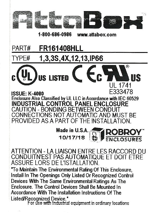 AttaBox Freedom series enclosure, NEMA 1/3/3S/4X/12/13, 16 x 14 x 8in (HxWxD), wall mount, fiberglass reinforced polyester, gray, crowned single-door, (2) twist-lock latches, padlock hasp and staple.-FR161408HLL