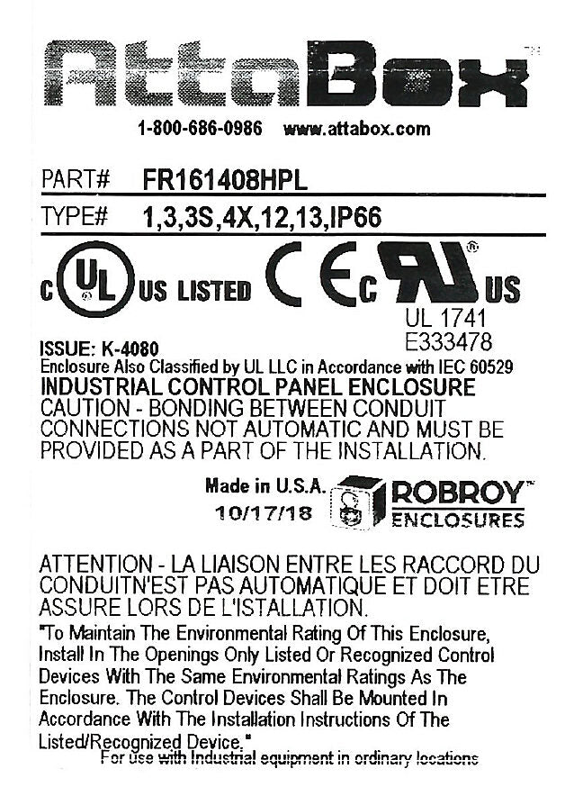AttaBox Freedom series enclosure, NEMA 1/3/3S/4X/12/13, 16 x 14 x 8in (HxWxD), wall mount, fiberglass reinforced polyester, gray, crowned single-door, (2) quick-release latches, padlock hasp and staple.-FR161408HPL