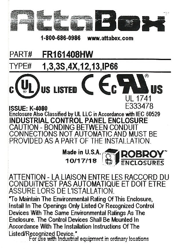 AttaBox Freedom series enclosure, NEMA 1/3/3S/4X/12/13, 16 x 14 x 8in (HxWxD), wall mount, fiberglass reinforced polyester, gray, crowned hinged screw cover.-FR161408HW