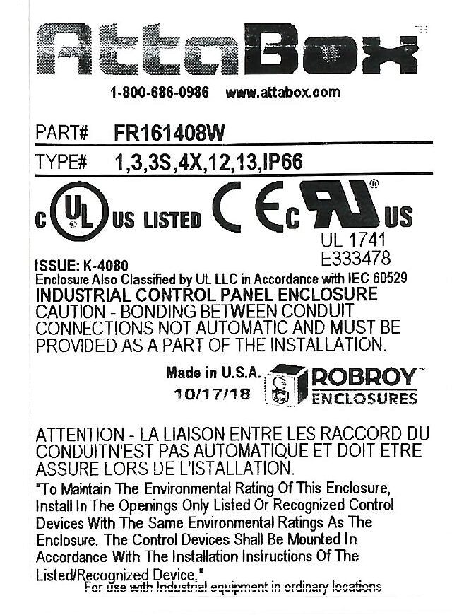 AttaBox Freedom series enclosure, NEMA 1/3/3S/4X/12/13, 16 x 14 x 8in (HxWxD), wall mount, fiberglass reinforced polyester, gray, crowned screw cover.-FR161408W
