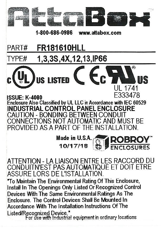 AttaBox Freedom series enclosure, NEMA 1/3/3S/4X/12/13, 18 x 16 x 10in (HxWxD), wall mount, fiberglass reinforced polyester, gray, crowned single-door, (2) twist-lock latches, padlock hasp and staple.-FR181610HLL