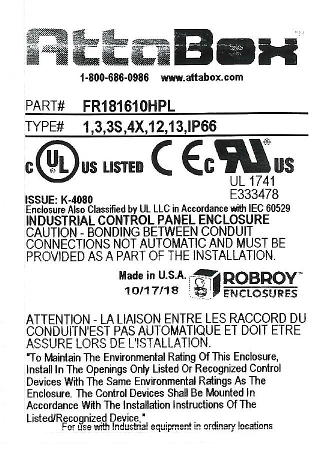 AttaBox Freedom series enclosure, NEMA 1/3/3S/4X/12/13, 18 x 16 x 10in (HxWxD), wall mount, fiberglass reinforced polyester, gray, crowned single-door, (2) quick-release latches, padlock hasp and staple.-FR181610HPL