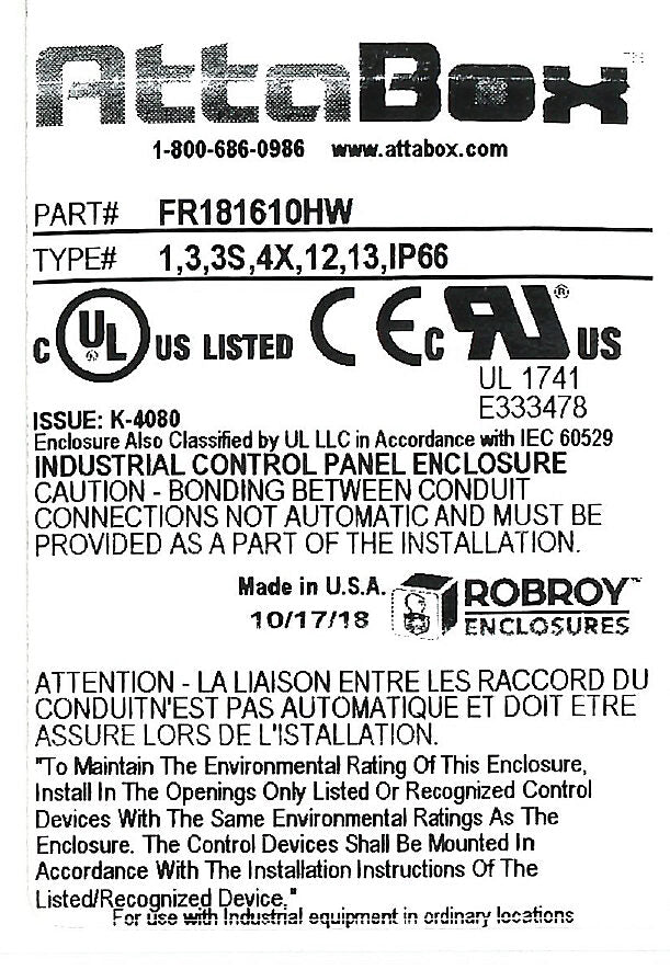 AttaBox Freedom series enclosure, NEMA 1/3/3S/4X/12/13, 18 x 16 x 10in (HxWxD), wall mount, fiberglass reinforced polyester, gray, crowned hinged screw cover.-FR181610HW