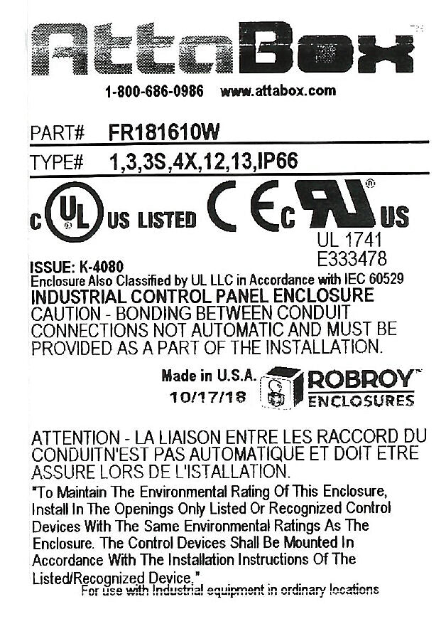 AttaBox Freedom series enclosure, NEMA 1/3/3S/4X/12/13, 18 x 16 x 10in (HxWxD), wall mount, fiberglass reinforced polyester, gray, crowned screw cover.-FR181610W