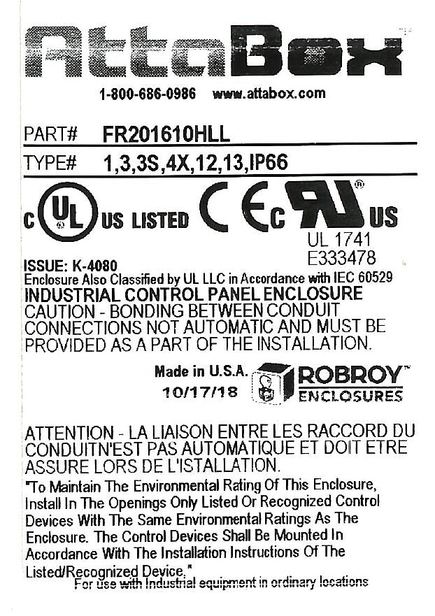 AttaBox Freedom series enclosure, NEMA 1/3/3S/4X/12/13, 20 x 16 x 10in (HxWxD), wall mount, fiberglass reinforced polyester, gray, crowned single-door, (2) twist-lock latches, padlock hasp and staple.-FR201610HLL